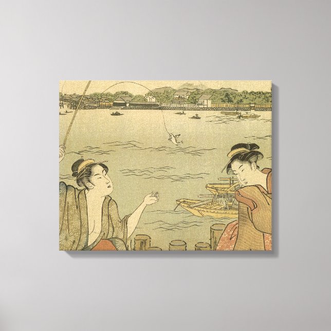 Japanese Fishing Woodblock Fishermen Canvas Print (Front)