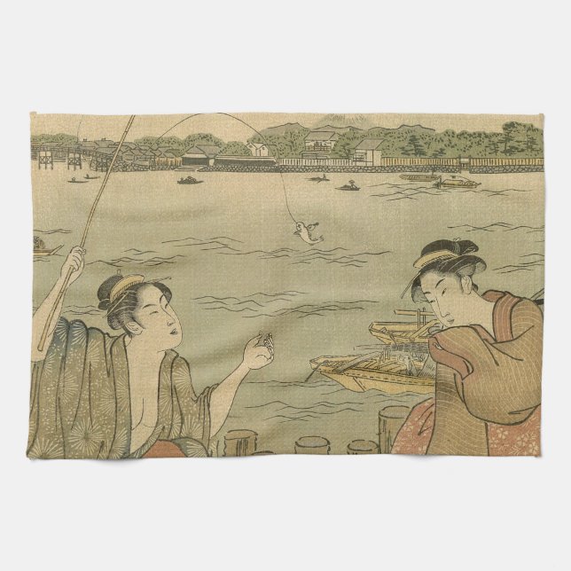 Japanese Fishing Woodblock Fishermen Kitchen Towel (Horizontal)