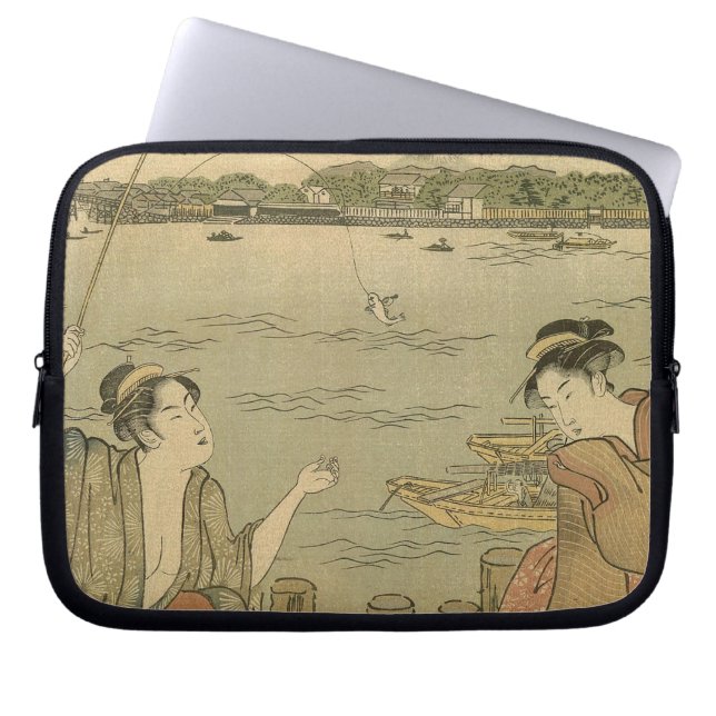 Japanese Fishing Woodblock Fishermen Laptop Sleeve (Front)