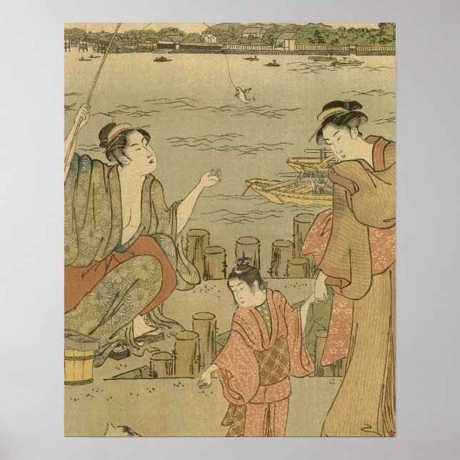 Japanese Fishing Woodblock Fishermen Poster (Front)