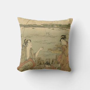 Japanese Fishing Woodblock Fishermen Throw Pillow