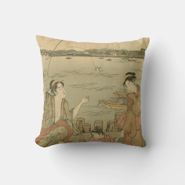 Japanese Fishing Woodblock Fishermen Throw Pillow (Front)