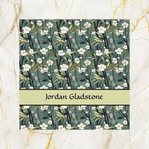 Japanese Floral and Bamboo Sage Black Template Square Business Card