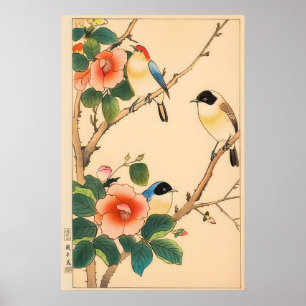 Japanese Floral Bird Art Print - Vintage Woodblock