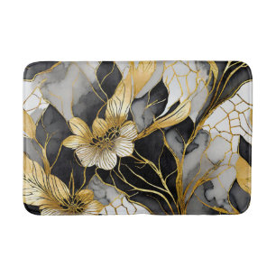 Japanese Floral Black Gold Bath Mat