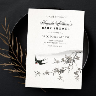 Japanese floral branch bird baby shower invitation
