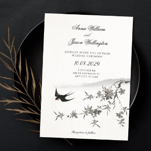 Japanese floral branch bird wedding invitation