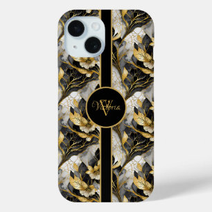 Japanese Floral Elegant Gold & Black Marbleized iPhone 15 Case