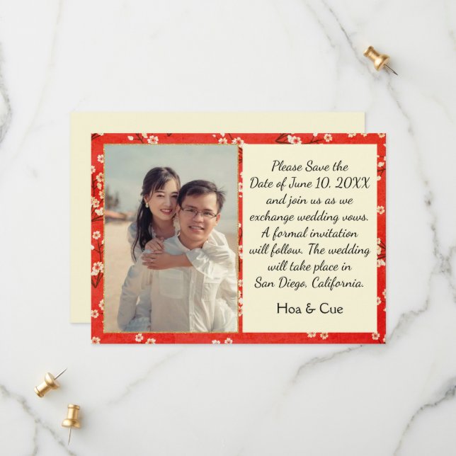 Japanese floral Flat Save The Date Card (Front/Back In Situ)