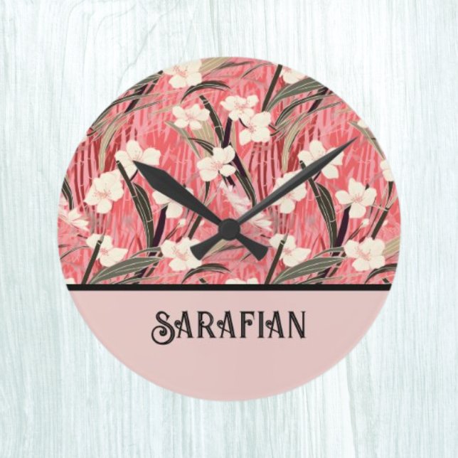 Japanese Floral in Salmon Pink White Red w Initial Round Clock (Creator Uploaded)