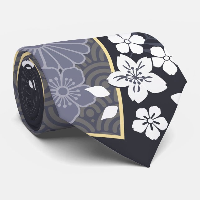 Japanese Floral Kimono Pattern Denim Tie (Rolled)
