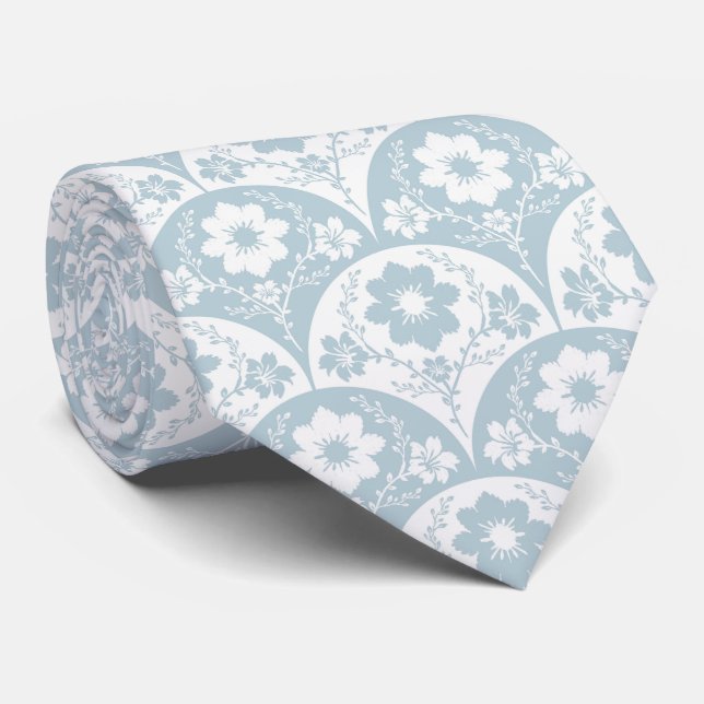 Japanese Floral Pattern in Soft Blue and White Tie (Rolled)