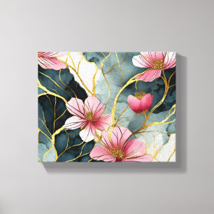 Japanese Floral Pattern, Pink With Gold Canvas Print