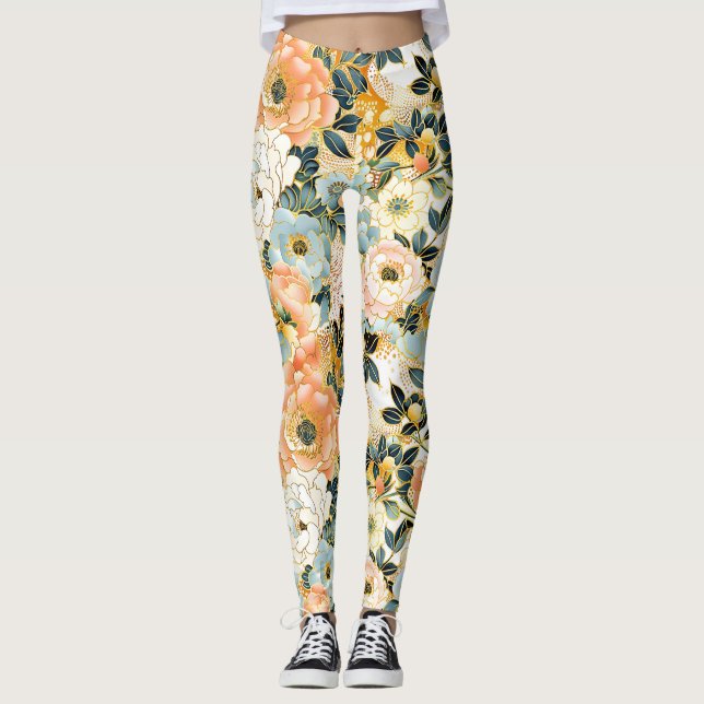 Japanese Floral Pink and Gold Leggings (Front)