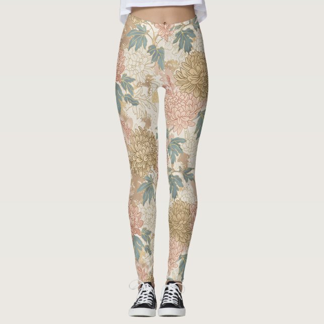 Japanese Floral Pink and Gold Leggings (Front)