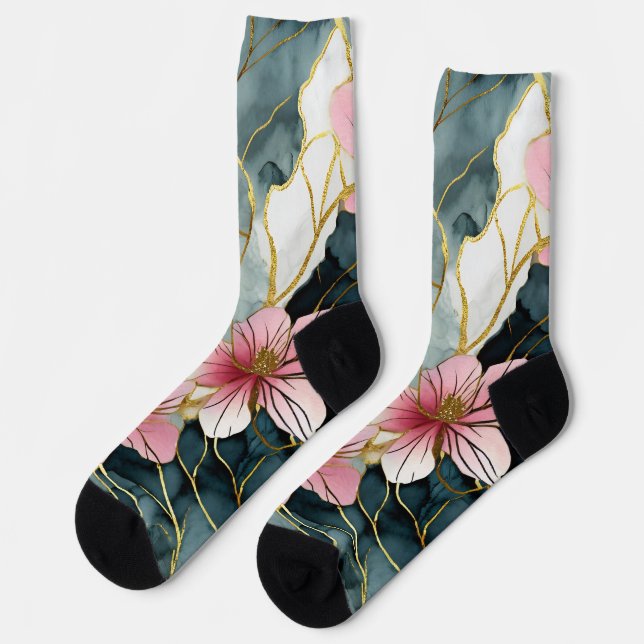 Japanese Floral Pink Gold Socks (Left)