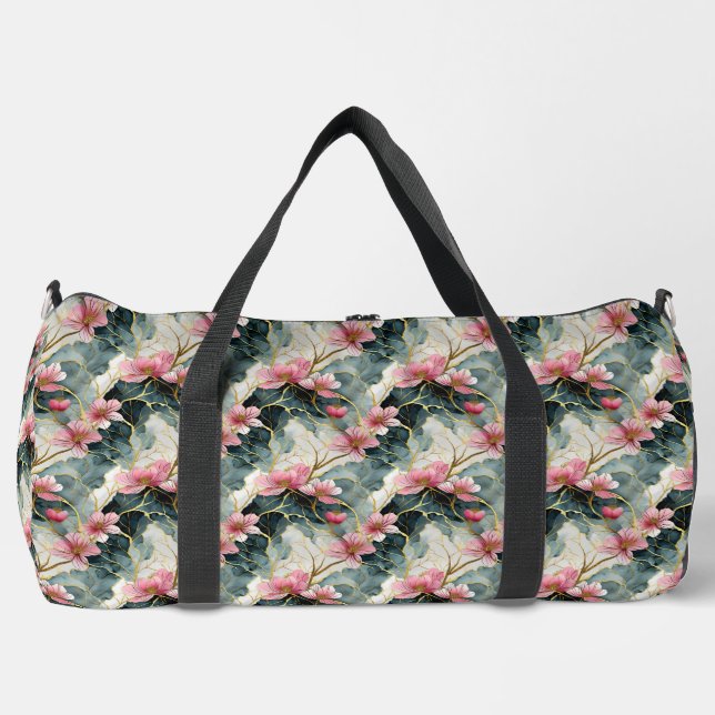 Japanese Floral, Pink With Gold Duffle Bag (Front)