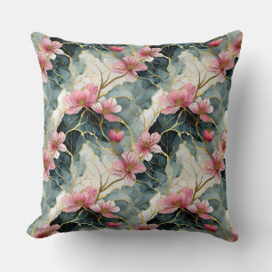 Japanese Floral, Pink With Gold Throw Pillow