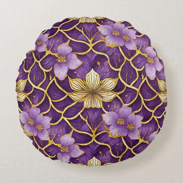 Japanese Floral Purple Gold Round Pillow (Front)