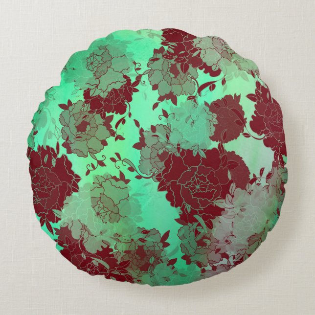 Japanese floral red patterns. round pillow (Front)