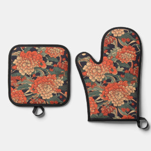 Japanese Floral Series Red Oven Mitt & Pot Holder Set