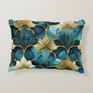 Japanese Floral Teal Gold  Accent Pillow