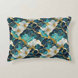 Japanese Floral Teal Gold Accent Pillow