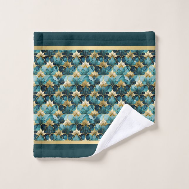 Japanese Floral Teal Gold Bath Towel Set  (Wash Cloth)