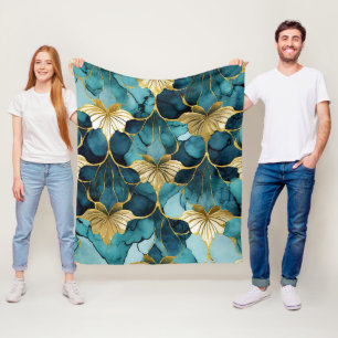 Japanese Floral Teal Gold  Fleece Blanket