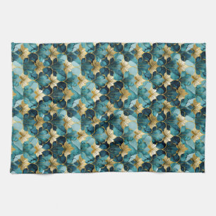 Japanese Floral Teal Gold Kitchen Towel
