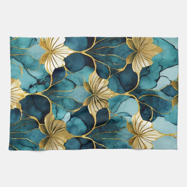 Japanese Floral Teal Gold  Kitchen Towel (Horizontal)
