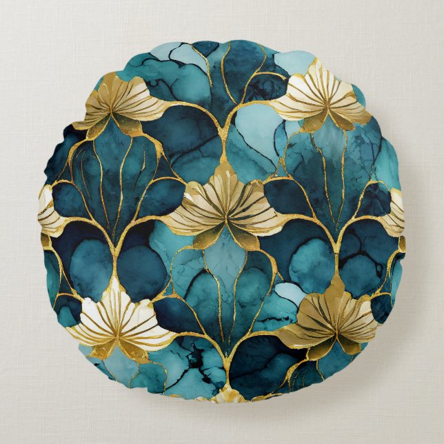 Japanese Floral Teal Gold  Round Pillow (Front)