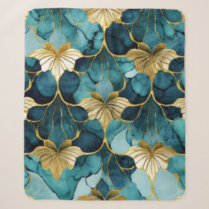 Japanese Floral Teal Gold Sherpa Blanket