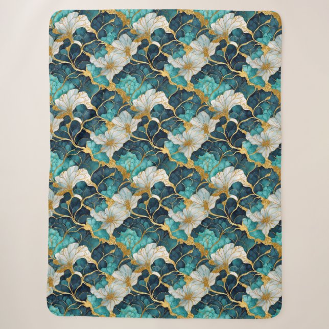 Japanese Floral Teal Gold Sherpa Blanket (Front)