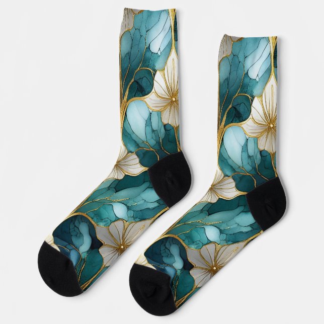 Japanese Floral Teal Gold Socks (Left)