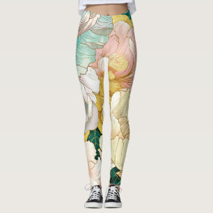Japanese Floral Turquoise Gold Leggings