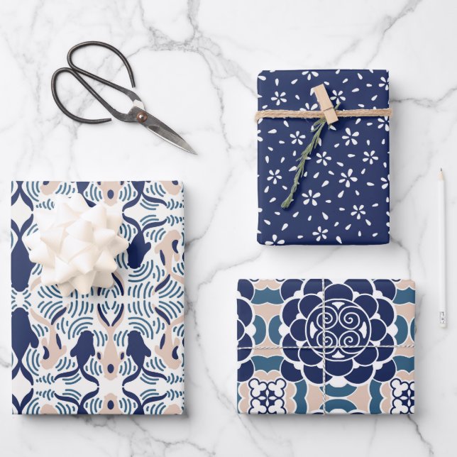 Japanese FLOWER AND KOI FISH white and blue CREAM Wrapping Paper Sheet (Front)