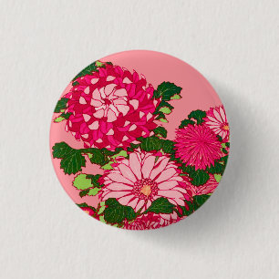 Japanese Flower Border, Fuchsia and Coral Pink 1 Inch Round Button
