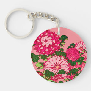 Japanese Flower Border, Fuchsia and Coral Pink Keychain