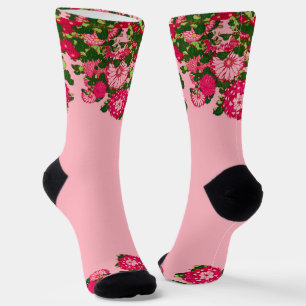 Japanese Flower Border, Fuchsia and Coral Pink  Socks