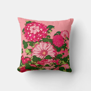 Japanese Flower Border, Fuchsia and Coral Pink Throw Pillow
