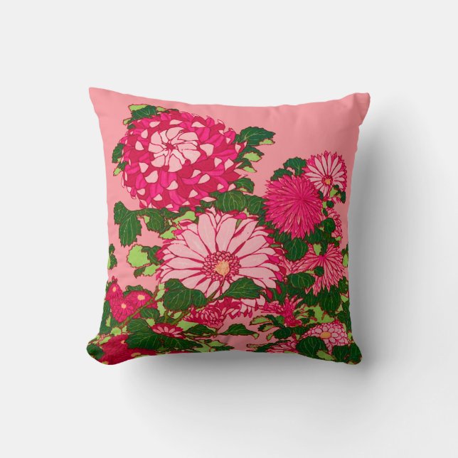 Japanese Flower Border, Fuchsia and Coral Pink Throw Pillow (Front)