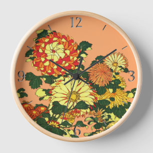 Japanese Flower Border, Mandarin Orange and Gold Clock