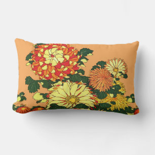 Japanese Flower Border, Mandarin Orange and Gold Lumbar Pillow