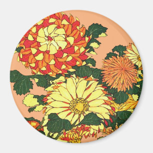 Japanese Flower Border, Mandarin Orange and Gold Magnet