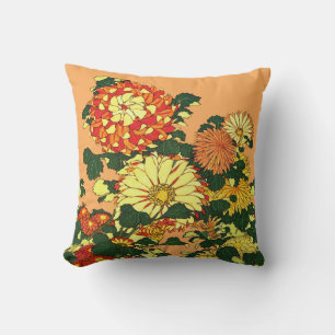 Japanese Flower Border, Mandarin Orange and Gold Throw Pillow