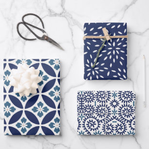Japanese FLOWERS AND SWIRLS white and blue  Wrapping Paper Sheet