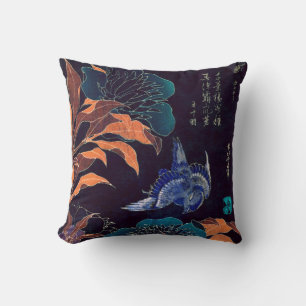 Japanese Flowers & Bird Katsushika Hokusai Dark Throw Pillow