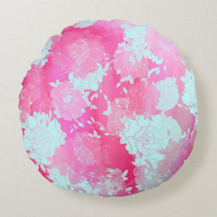 Japanese flowers blue patterns round pillow