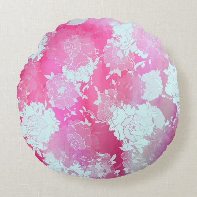 Japanese flowers blue patterns round pillow (Front)